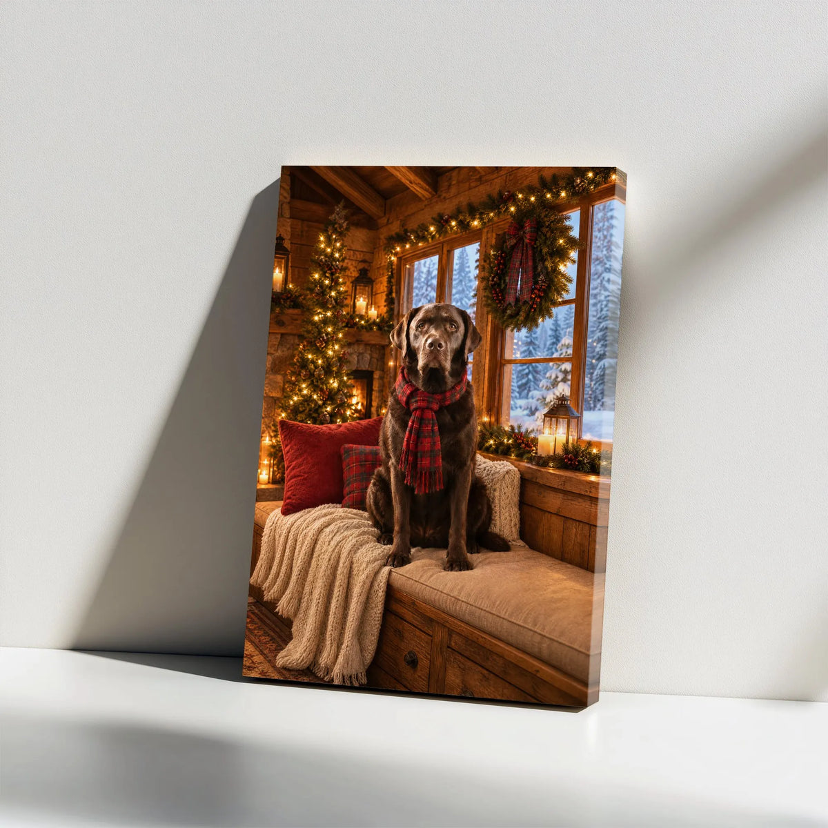 Plaid Scarf Labrador Holiday Wall Art, Christmas Chocolate Lab Canvas, Comfy Cabin Dog Christmas Print, Rustic Labrador Canva