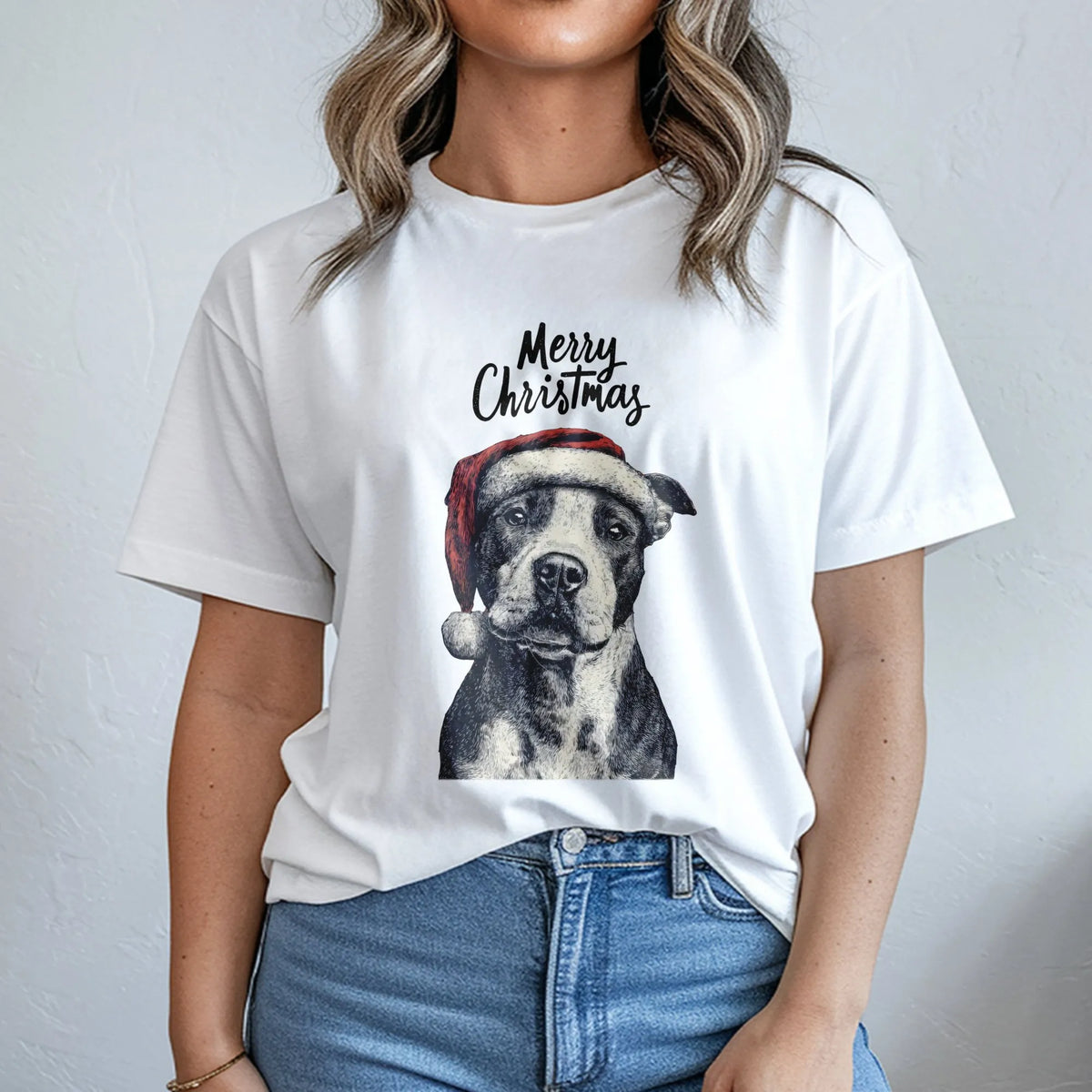 American Pit Bull Terrier in Santa Hat Graphic Tee, Pitbull Christmas T-Shirt, Adorable Dog Mom Holiday T-Shirt, Xmas Pet Lov