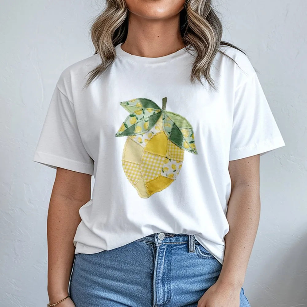 Lemon Patchwork T-Shirt | Vintage Quilt Style Graphic | Soft Cotton Blend | Coquette Aesthetic Gift for Her
