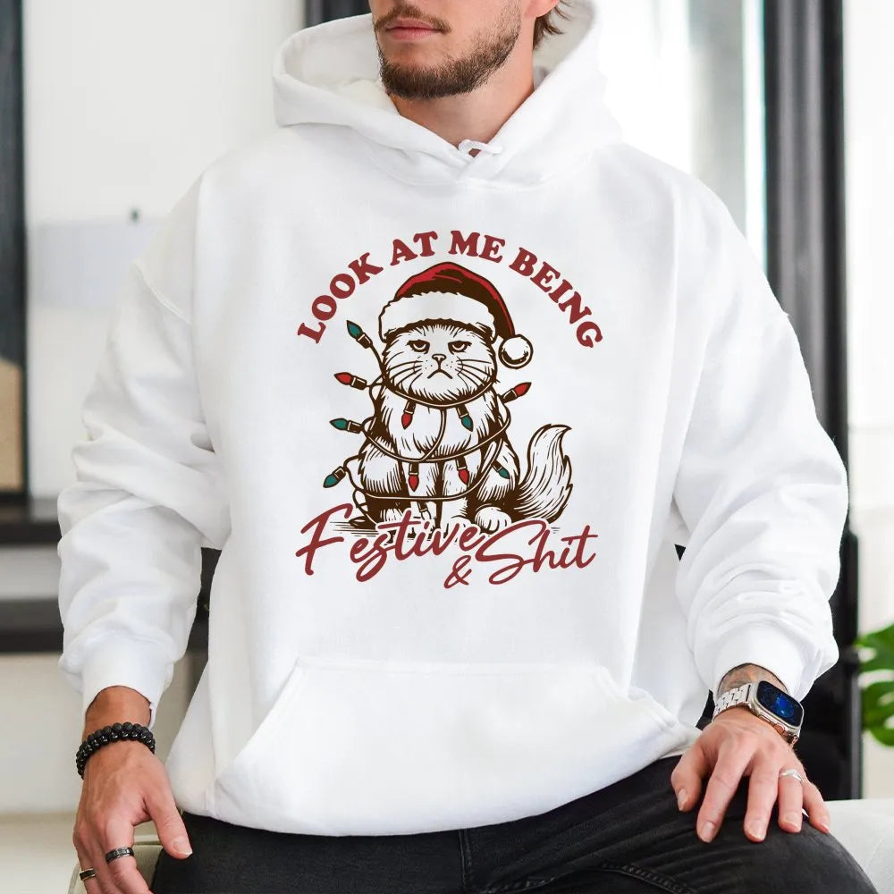 Grumpy Kitten Holiday Hoodie, Humorous Christmas Cat Hoodie, Sarcastic Xmas Animal Sweatshirt, Adorable Cat Lover Pullover Ho