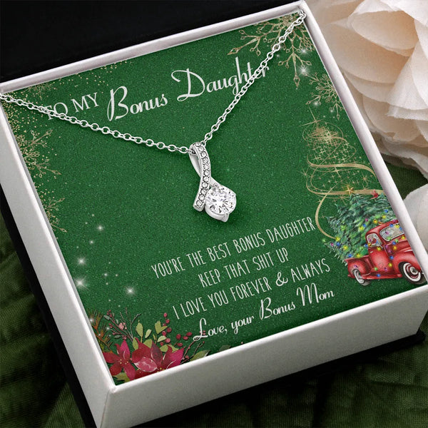 Dainty Cubic Zirconia Ribbon Necklace, Bonus Daughter Necklace, Bonus Daughter Pendant, Christmas Present from Bonus Mom, Ste