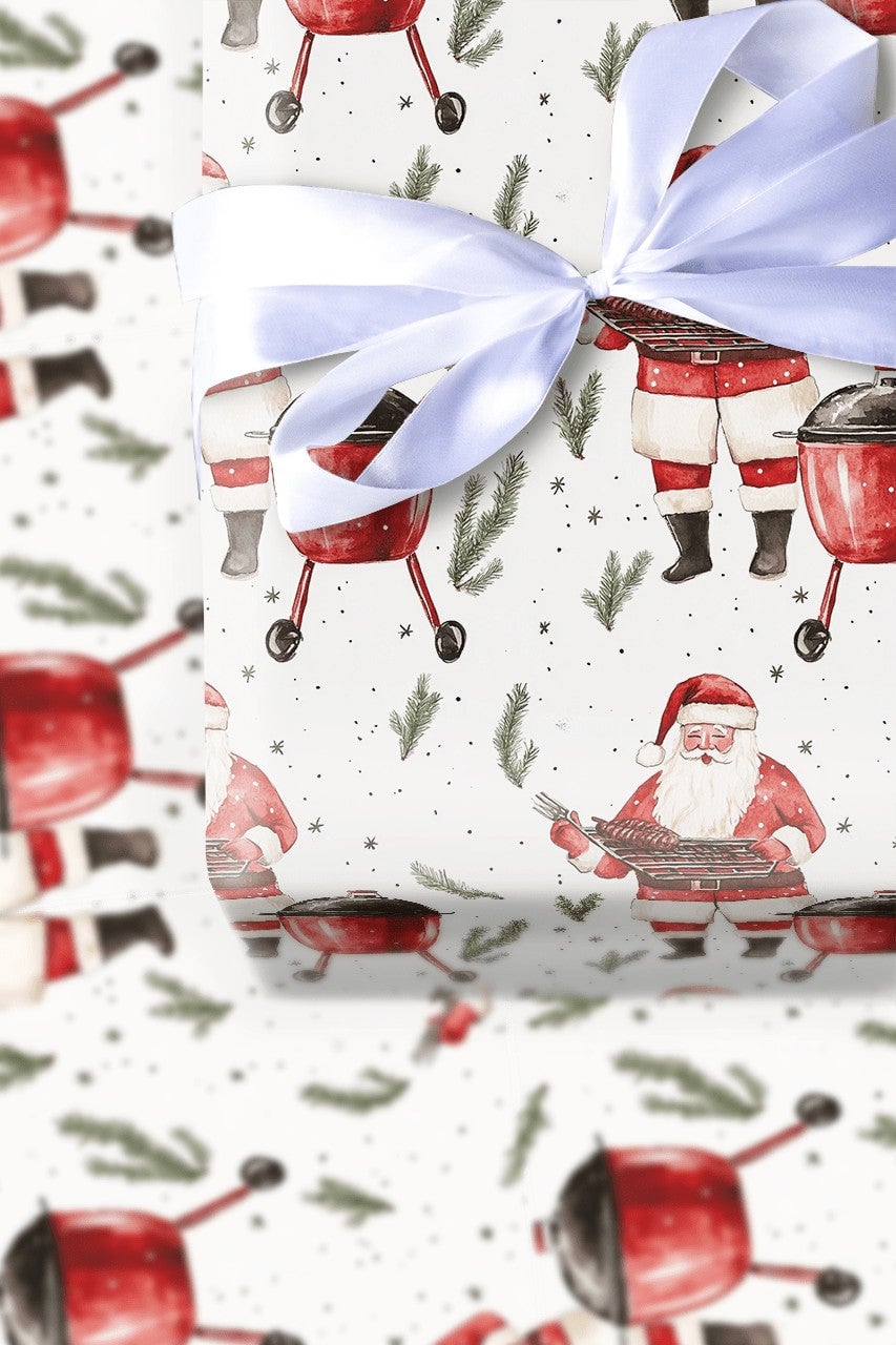 Humorous Grilling Santa Wrapping Paper, BBQ Santa Ribs Wrapping Paper, Red Kettle Grill Christmas Wrapping Paper, Holiday BBQ