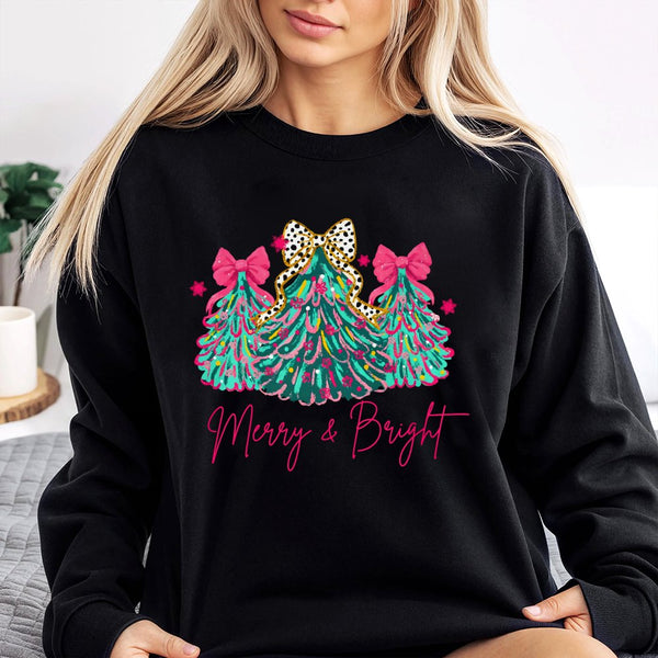 Pink Bow Tree Holiday Crewneck, Merry and Bright Christmas Sweatshirt, Preppy Coquette Xmas Sweater, Adorable Winter Holiday 