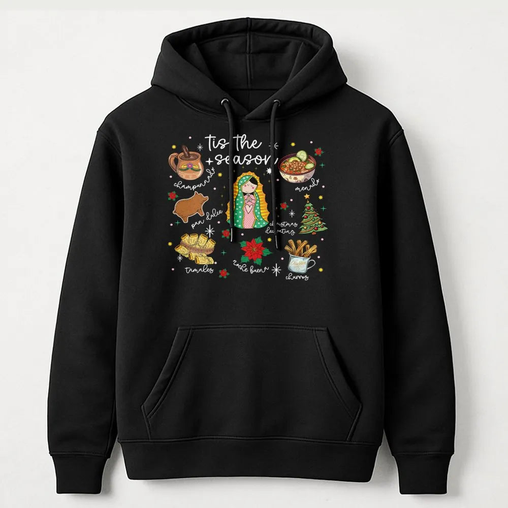 Virgencita Food Holiday Hoodie, Tis the Season Mexican Christmas Hoodie, Latinx Festive Hooded Sweatshirt, Mexican Food Graph