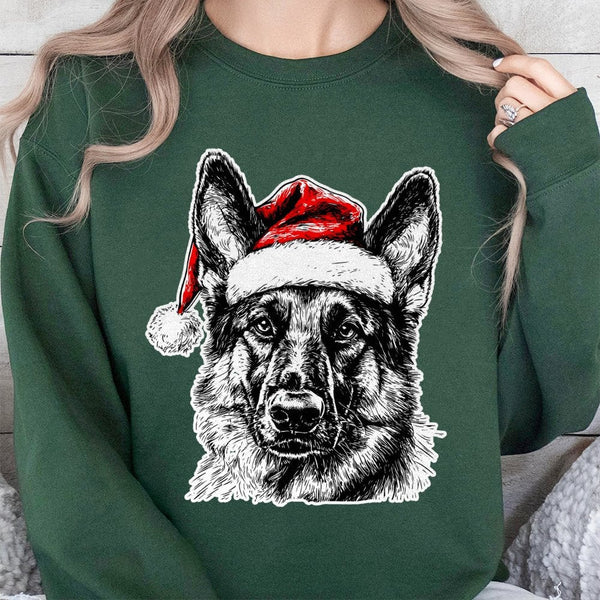 Santa Hat Dog Holiday Crewneck, German Shepherd Christmas Sweatshirt, Festive German Shepherd Xmas Sweater, Dog Lover Present