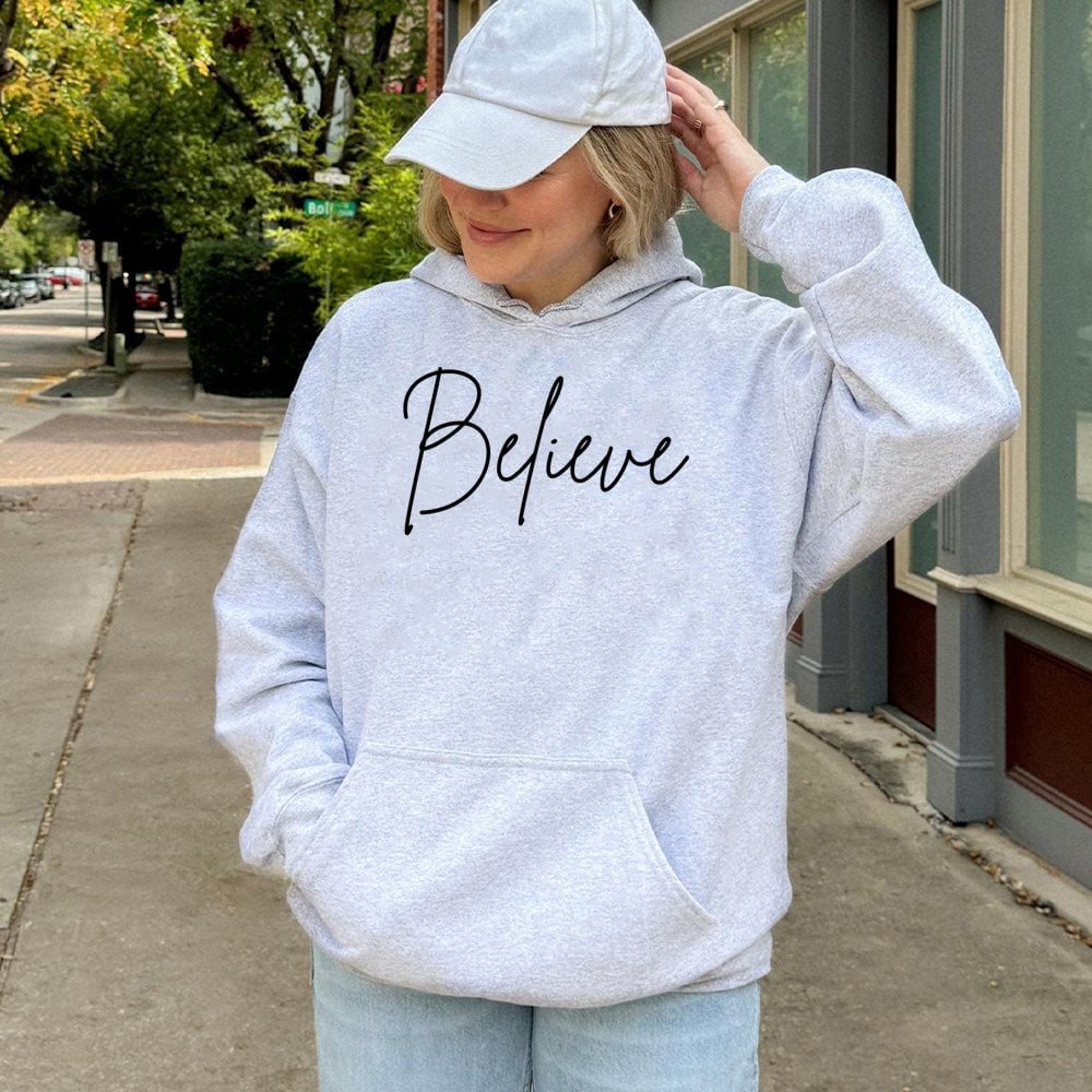 Minimalist Cursive Holiday Script Sweatshirt, Believe Christmas Hoodie, Winter Festive Polar Express Pullover, Comfy Xmas Hoo