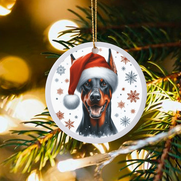 Doberman Christmas Tree Ornament, Doberman Pinscher Santa Hat Ornament, Adorable Dog Breed Ceramic Ornament, Pet Lover Xmas D