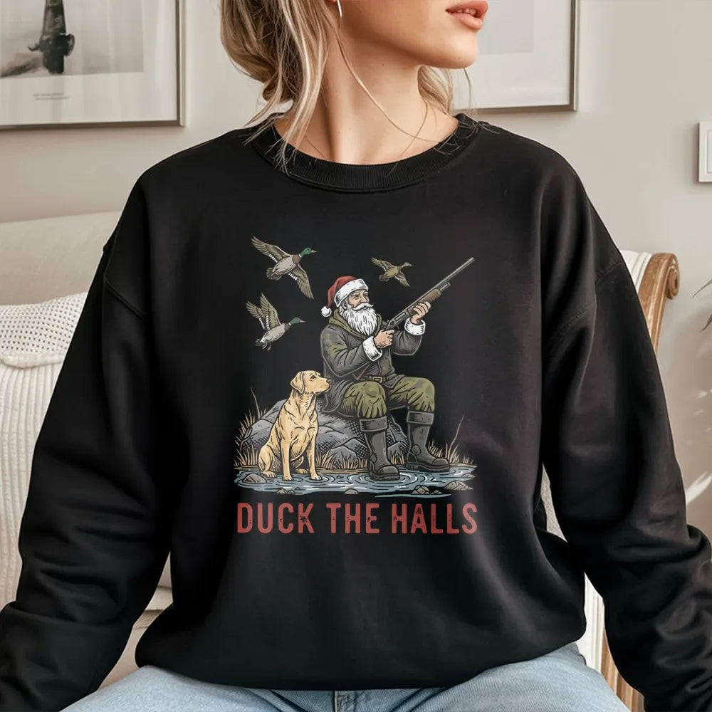 Santa Duck Hunting Sweatshirt, Duck the Halls Christmas Sweatshirt, Humorous Duck Hunter Crewneck, Holiday Hunting Pullover, 