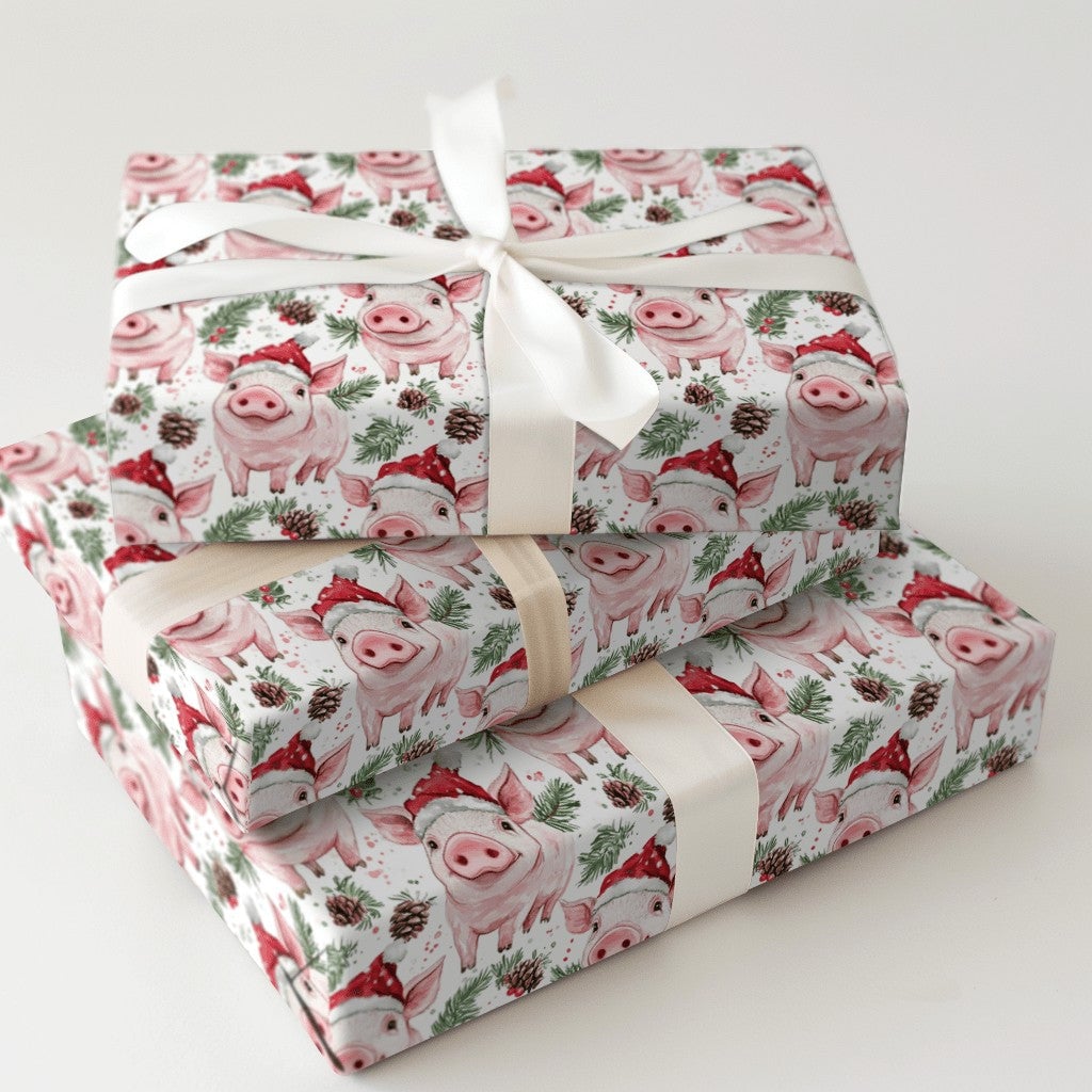 Adorable Watercolor Piglet Gift Wrap, Santa Hat Pig Wrapping Paper, Festive Animal Christmas Wrapping Paper, Whimsical Holida