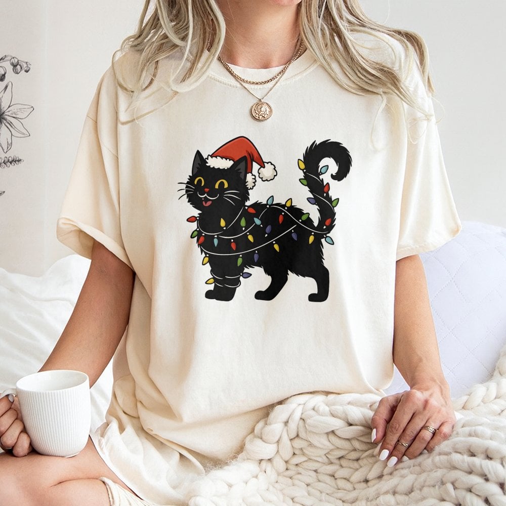 Kitty Tangled in Holiday Lights T-Shirt, Black Cat Christmas Shirt, Adorable Xmas Cat Shirt, Festive Kitten Graphic Tee, Cat 