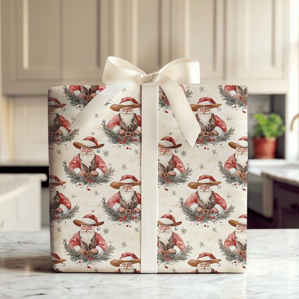 Watercolor Country Christmas Gift Wrap, Rustic Cowboy Santa Wrapping Paper, Western Santa Wreath Holiday Paper, Vintage Xmas 
