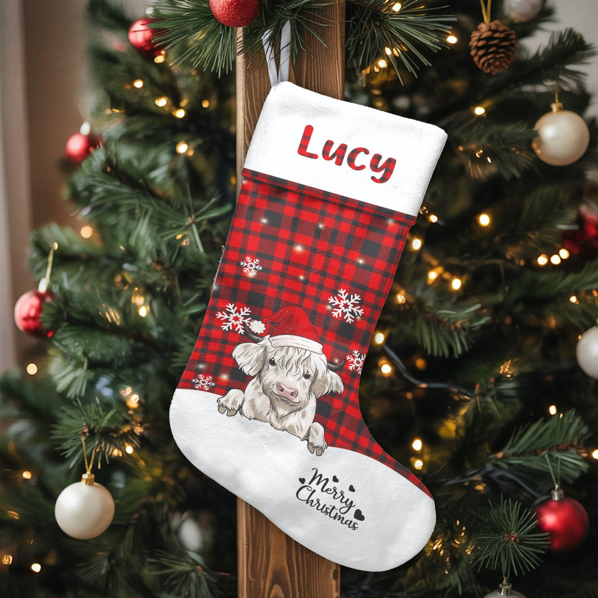 Red Buffalo Plaid Holiday Stocking, Personalized Highland Cow Christmas Stocking, Custom Name Xmas Stocking, Festive Family H