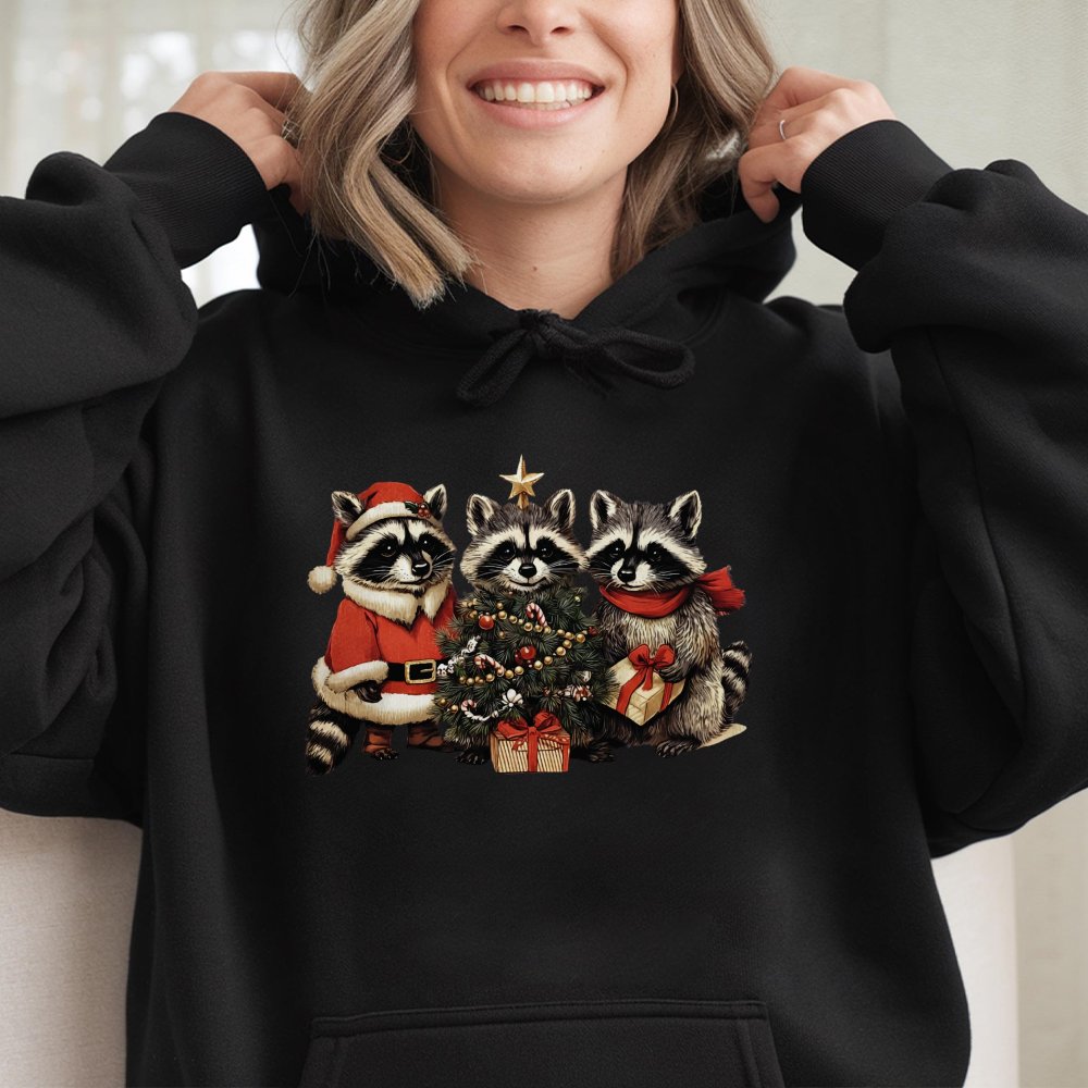 Adorable Holiday Forest Animal Sweatshirt, Christmas Raccoon Hoodie, Retro Winter Wildlife Graphic Hoodie, Festive Animal Lov