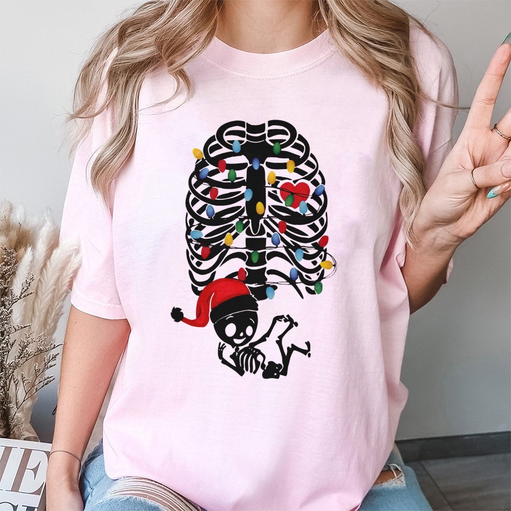 Skeleton Baby Holiday Lights Tee, Christmas Pregnancy T-Shirt, Humorous Maternity Xmas Shirt, Adorable Pregnancy Announcement