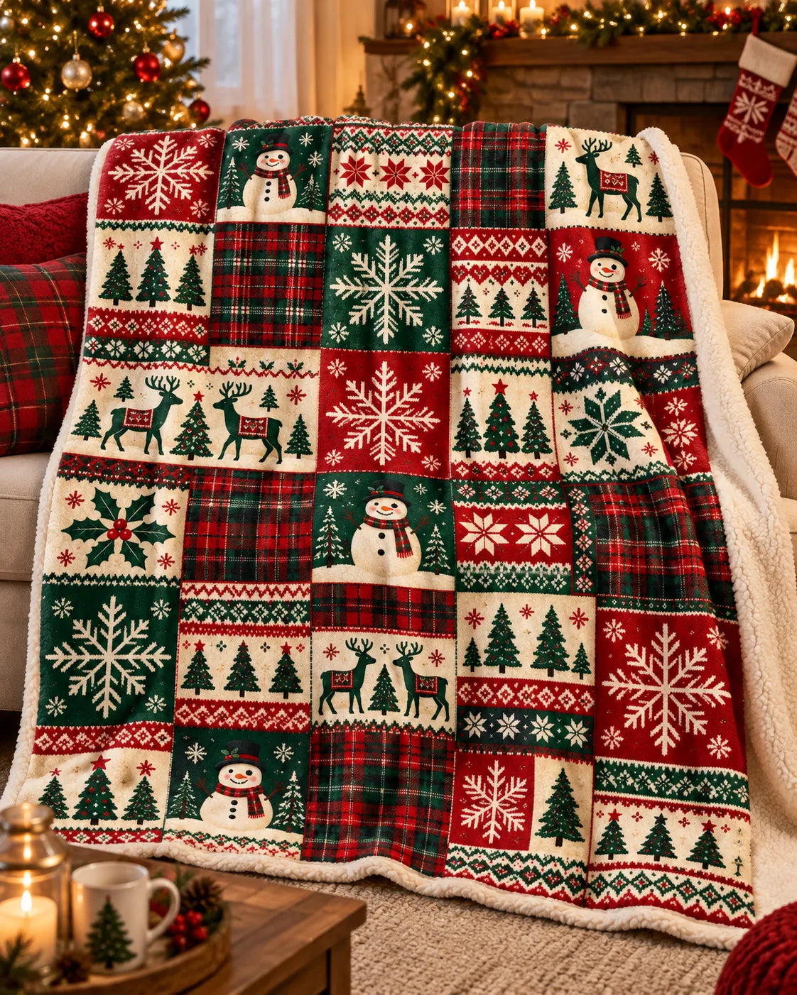 Buffalo Plaid Sherpa Throw Blanket, Snowman Patchwork Christmas Blanket, Reindeer Pine Tree Holiday Blanket, Comfy Cabin Chri