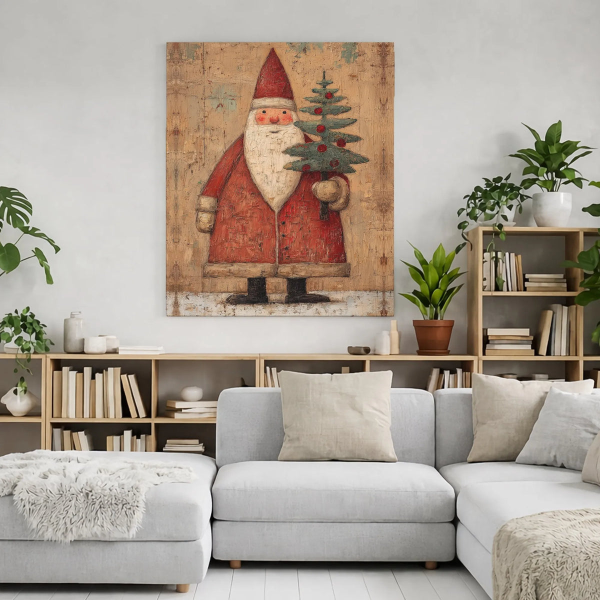 Rustic Santa Canvas Print, Vintage Santa Claus Canvas Art, Christmas Tree Canvas Wall Art, Traditional Holiday Wall Decor, Wi