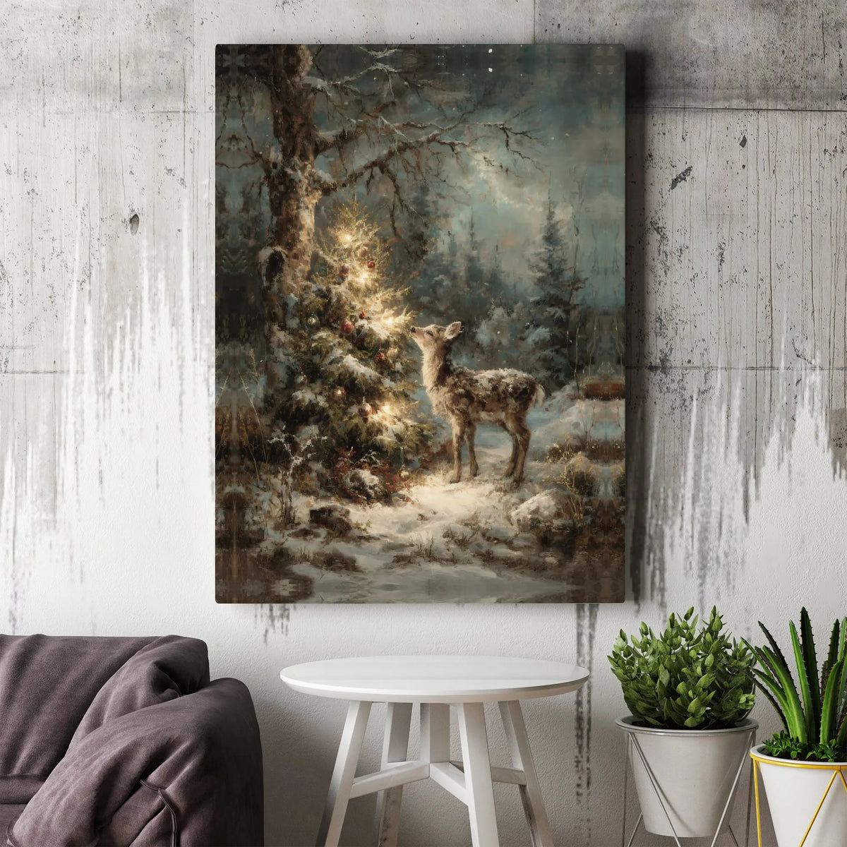 Snowy Forest Winter Wonderland Print, Christmas Deer Canvas Wall Art, Holiday Reindeer Canvas Decor, Rustic Christmas Season 