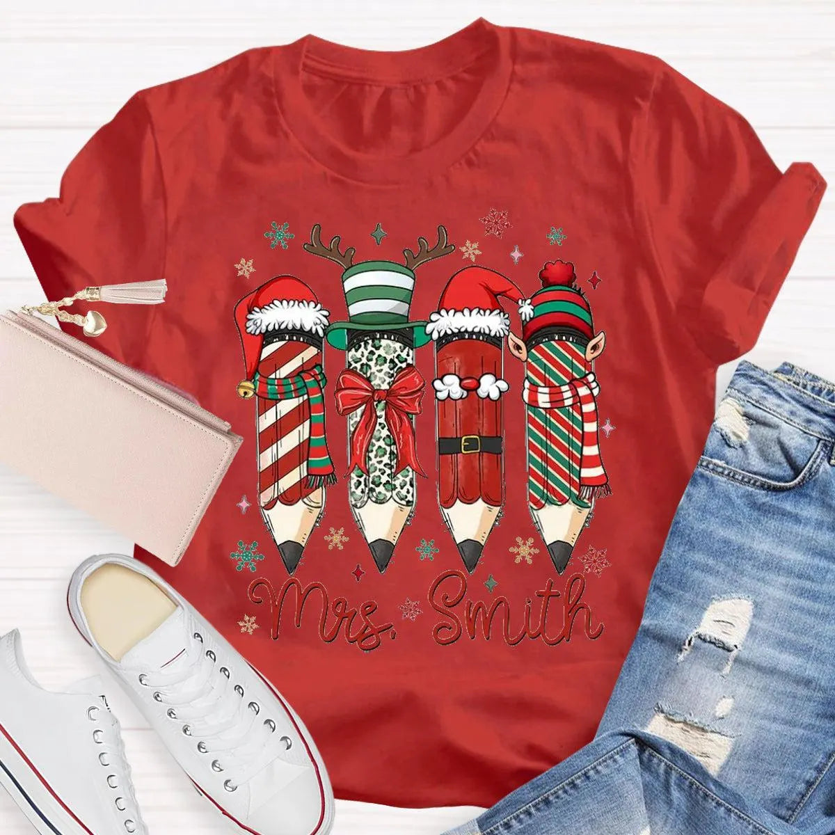 Adorable Pencil Holiday T-Shirt, Personalized Teacher Christmas Shirt, Custom Teacher Tee, Festive School Graphic Shirt, Holi