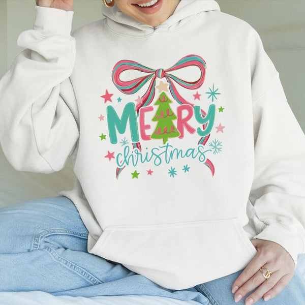 Pastel Bow Star Hooded Sweatshirt, Merry Christmas Tree Hoodie, Adorable Xmas Pullover Hoodie, Coquette Winter Holiday Hoodie