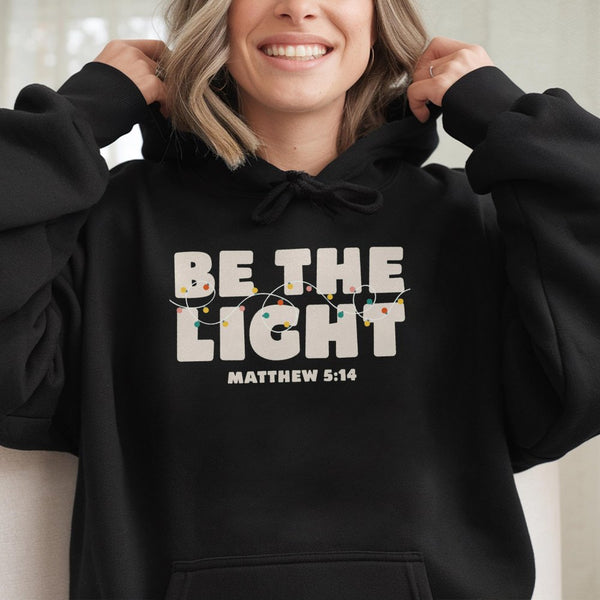 Christian Bible Verse Christmas Lights Hoodie, Be the Light Matthew 5 14 Hoodie, Faith Holiday Sweatshirt, Religious Hooded P
