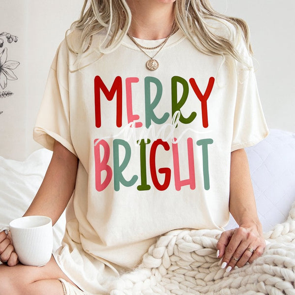 Typography Christmas Shirt, Merry and Bright Christmas T-Shirt, Retro Holiday Graphic Tee, Matching Family Christmas T-Shirt,