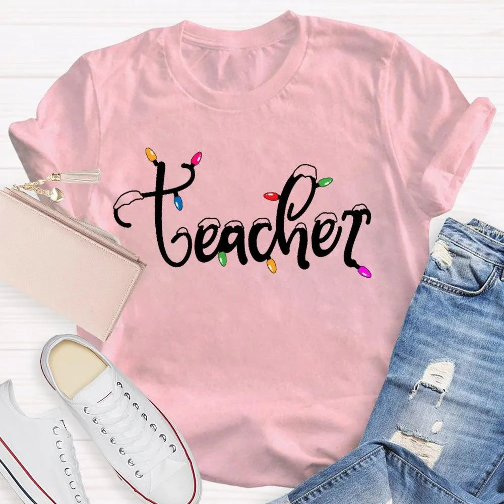 Adorable Holiday Educator Graphic Tee, Christmas Lights Snow Teacher T-Shirt, Festive Winter Teacher Shirt, Merry Christmas P