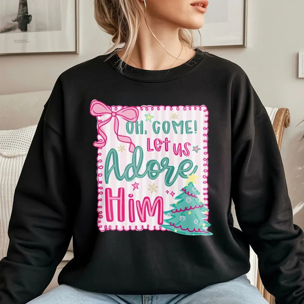 Pink Coquette Christmas Crewneck, Oh Come Let Us Adore Him Sweatshirt, Nativity Christian Holiday Sweater, Girly Xmas Bow Pul