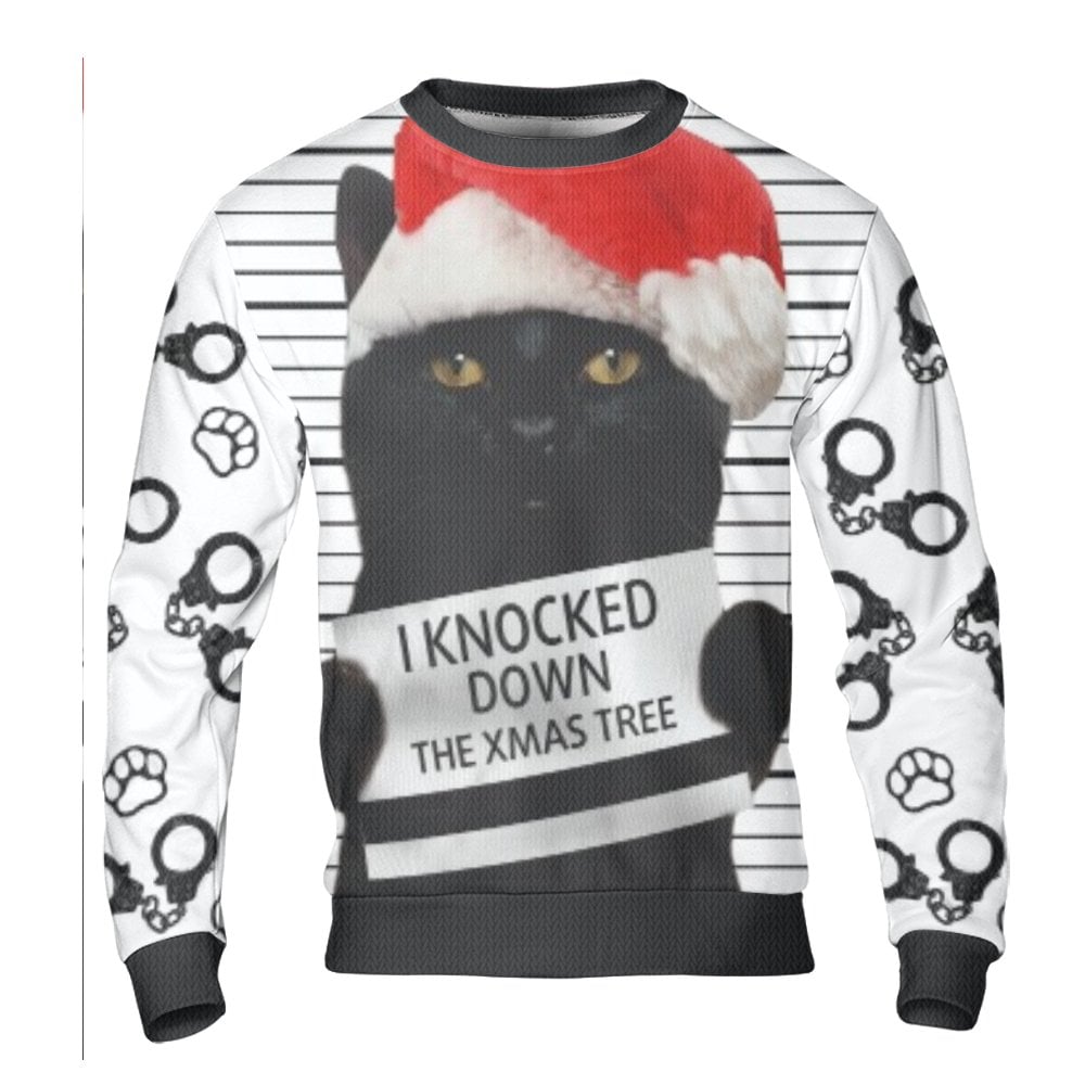 Humorous Bad Cat Xmas Tree Sweatshirt, Black Cat Mugshot Christmas Sweater, Mischievous Kitten Holiday Crewneck, Cat Lover Pu