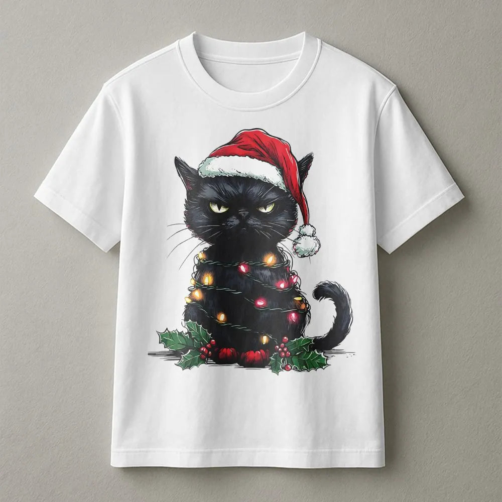 Grumpy Kitten Holiday Lights Graphic Tee, Black Cat Christmas Shirt, Humorous Cat Lover T-Shirt, Spooky Adorable Xmas Cat Shi