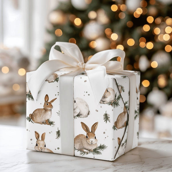 Adorable Winter Bunny Gift Wrap, Watercolor Rabbit Wrapping Paper, Pine Sprig Holiday Wrapping Paper, Nature Lover Christmas 