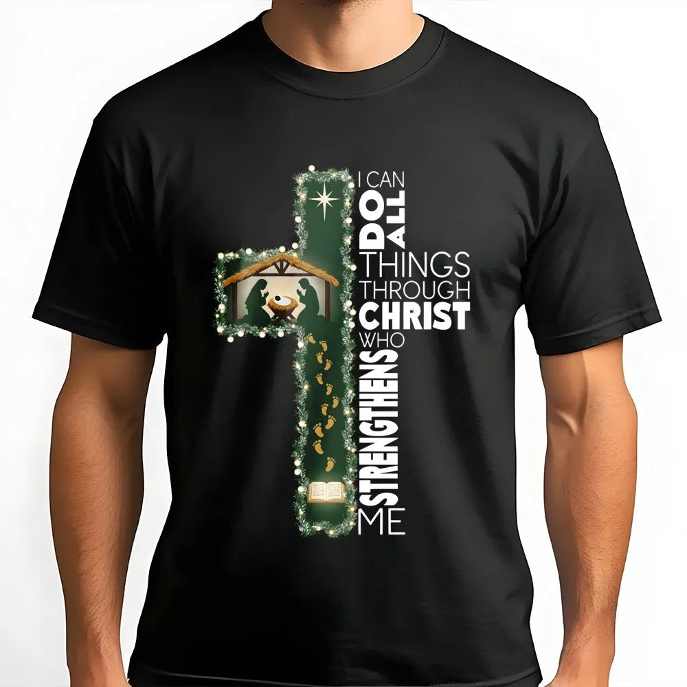 Nativity Cross Christmas Shirt, I Can Do All Things Through Christ T-Shirt, Christian Faith Graphic Tee, Religious Bible Vers