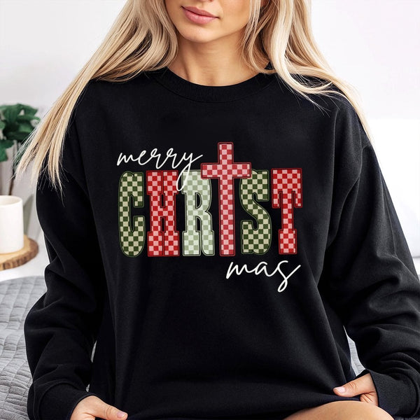 Checkered Holiday Cross Graphic Sweater, Merry Christmas Cross Sweatshirt, Christian Faith Christmas Crewneck, Religious Xmas