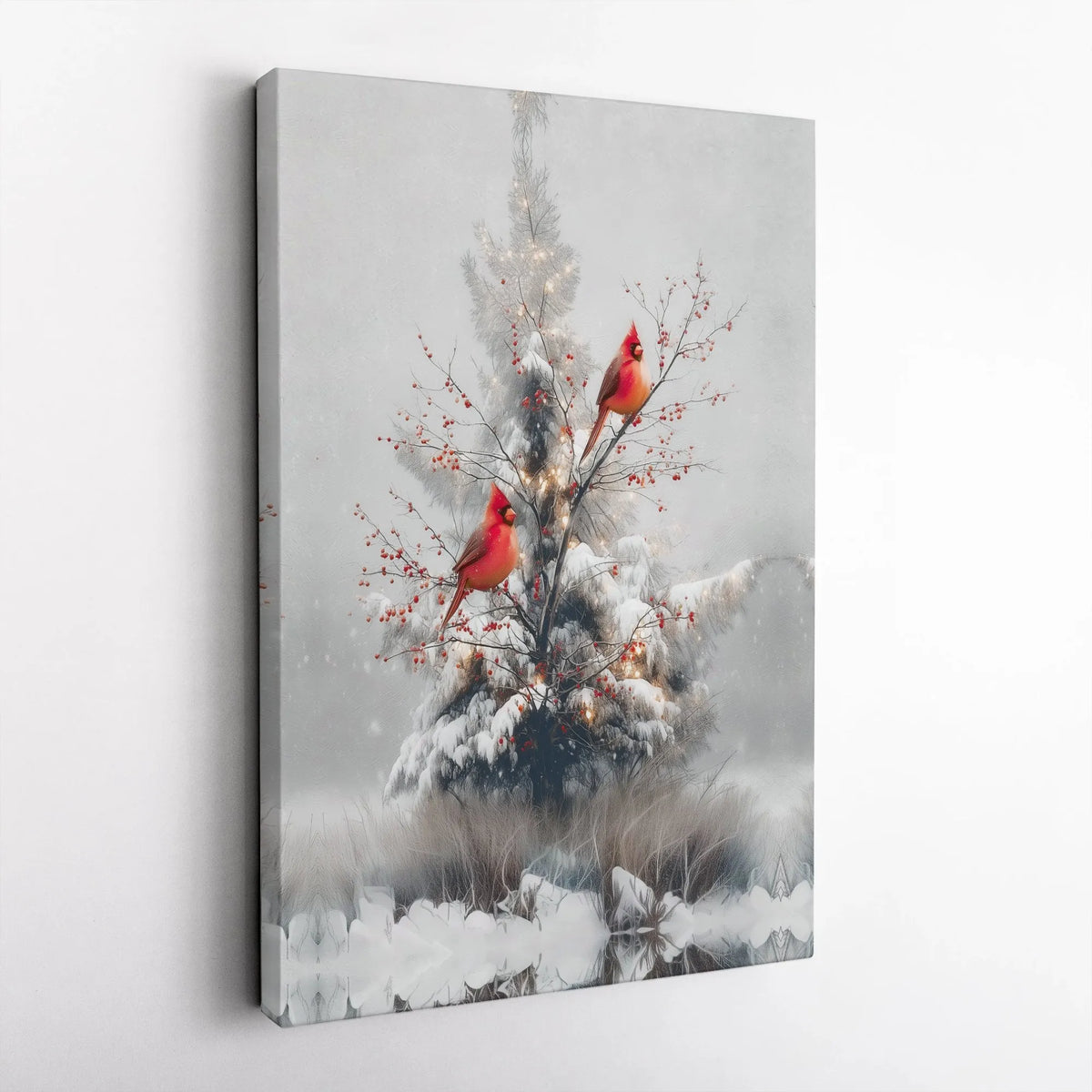 Snowy Winter Pine Branch Canvas Print, Red Cardinal Canvas Wall Art, Christmas Holiday Bird Decor, Rustic Nature Canvas Art P