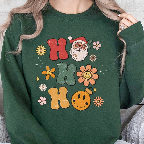 Ho Ho Ho Santa Graphic Crewneck, Retro Christmas Sweatshirt, Vintage Holiday Aesthetic Pullover, Adorable Teacher Xmas Sweate