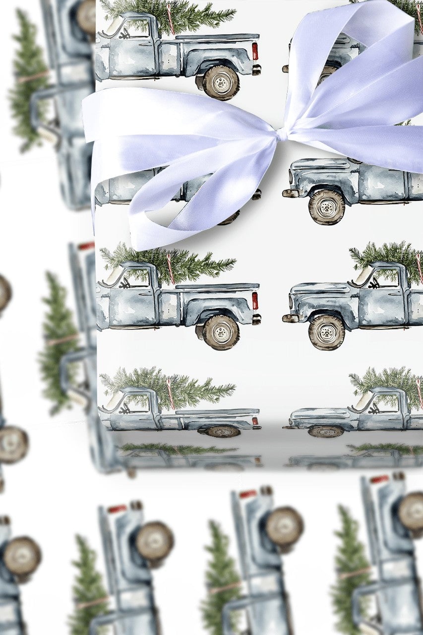 Farmhouse Tree Holiday Wrapping Paper, Vintage Blue Truck Christmas Wrapping Paper, Watercolor Rustic Xmas Gift Wrap, Winter 