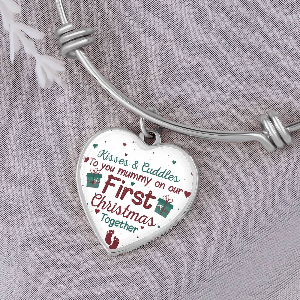 Mummy Keepsake Bracelet, First Christmas Heart Bangle, Silver Tone New Mom Charm Bracelet, Holiday Season Keepsake Present fo