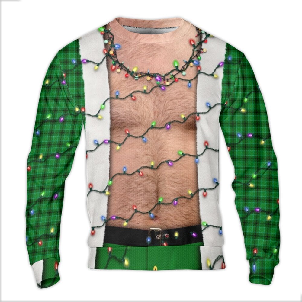 Humorous Hairy Chest Holiday Sweater, Hairy Chest Christmas Lights Ugly Sweater, Green Plaid Xmas Crewneck Sweater, Humorous 