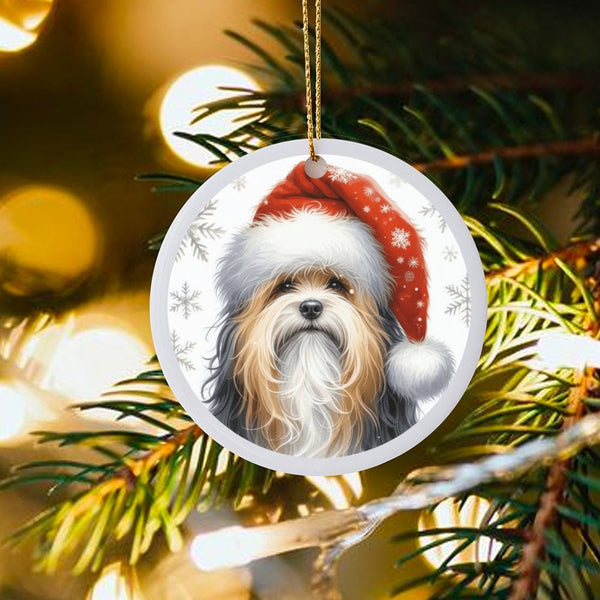 Santa Hat Snowflake Dog Ornament, Havanese Dog Christmas Ornament, Winter Havanese Ceramic Ornament, Tree Hanging Decor, Dog 