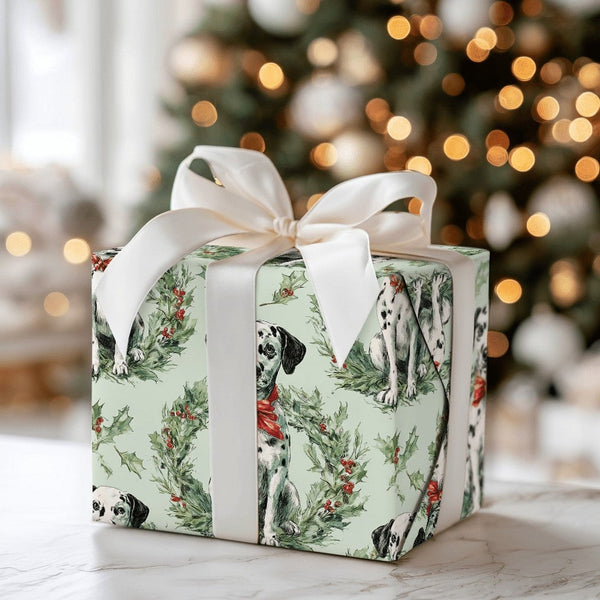 Sage Green Dog Gift Wrap, Dalmatian Puppy Christmas Wrapping Paper, Wreath Present Wrap, Pet Lover Holiday Wrapping Paper, Xm
