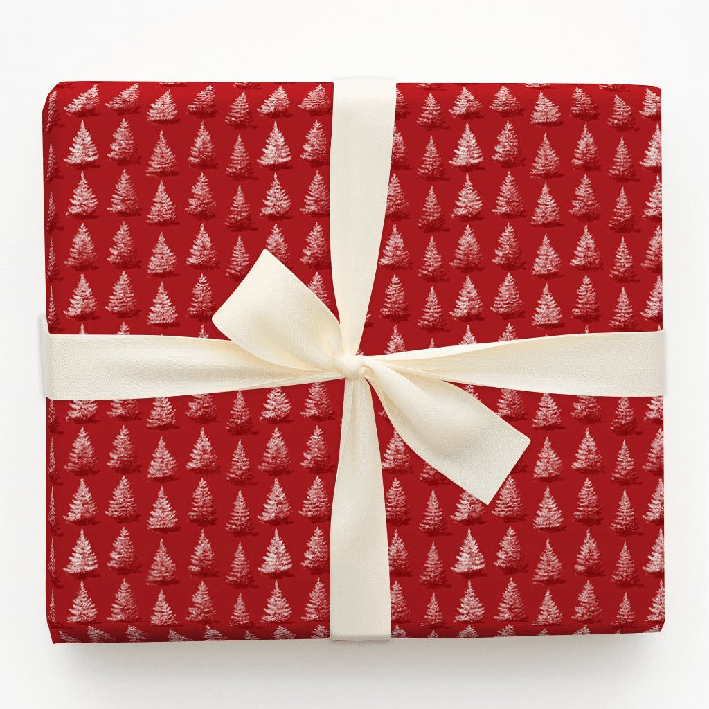 White Pine Tree Pattern Gift Wrap, Red Christmas Wrapping Paper, Classic Rustic Holiday Gift Wrapping Paper, Winter Season Pa