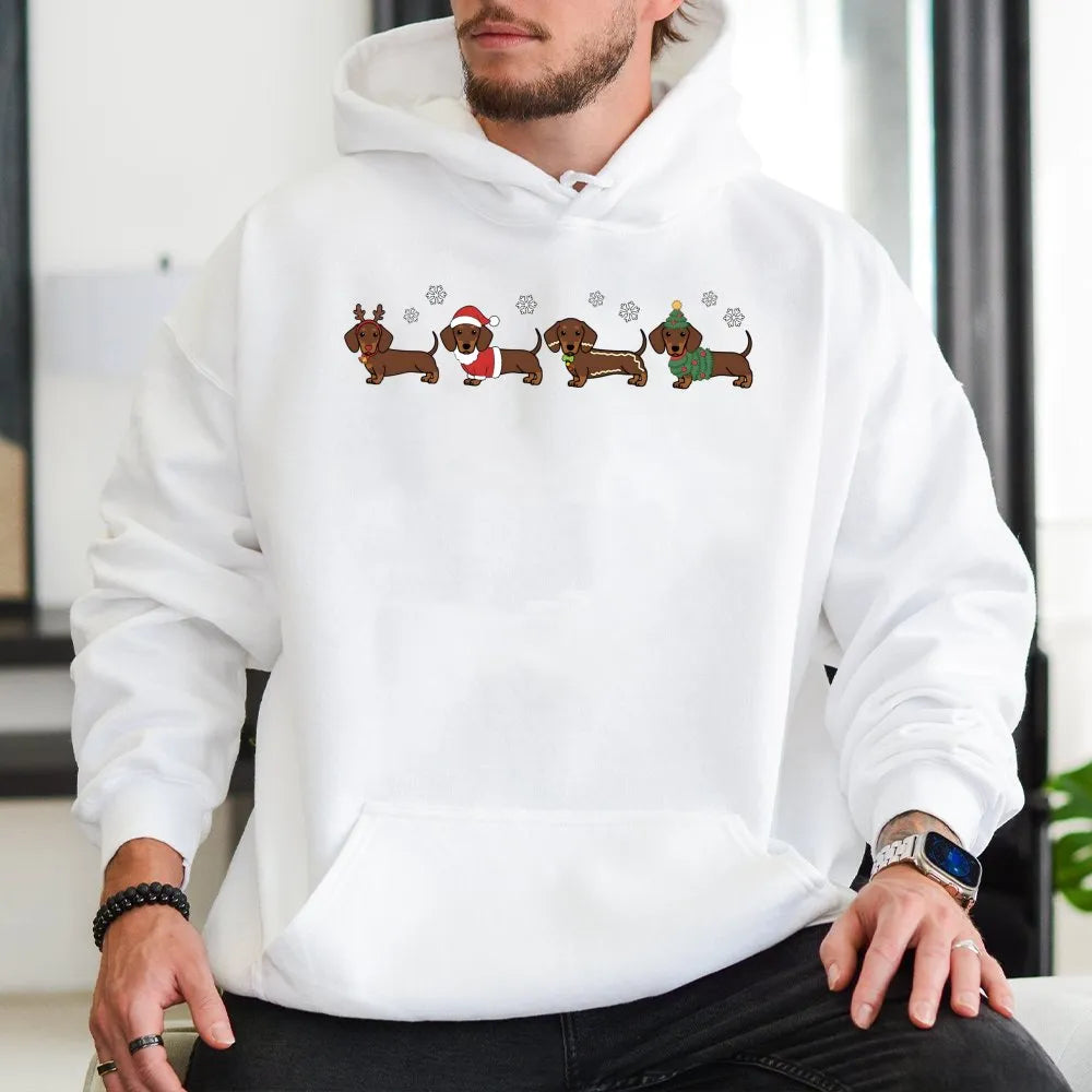 Festive Wiener Dog Hoodie, Christmas Dachshund Hoodie, Adorable Dachshund Christmas Sweatshirt, Dog Lover Holiday Pullover, X