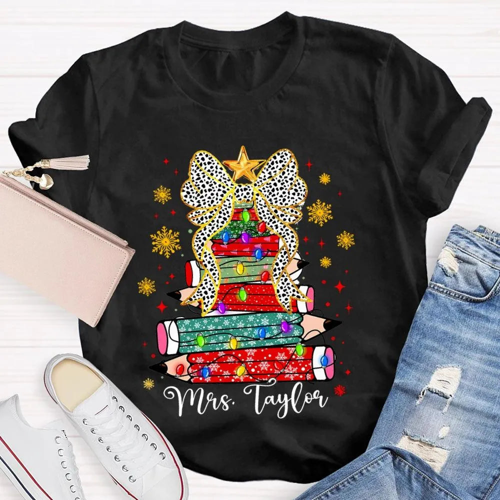 Custom Name Pencil Snowflake Tee, Personalized Teacher Christmas Tree Shirt, Holiday Teacher T-Shirt, Christmas Teacher Prese