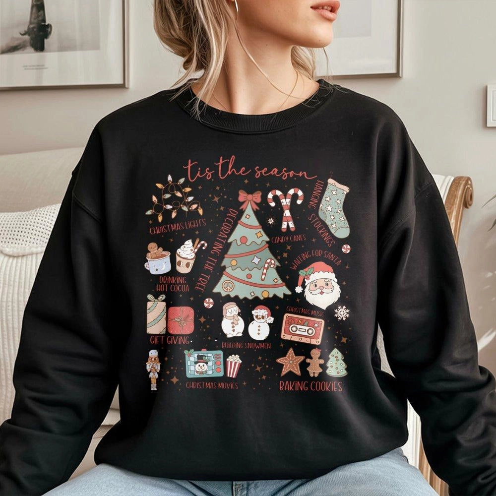 Holiday Icons Xmas Graphic Sweater, Tis the Season Christmas Sweatshirt, Comfy Winter Crewneck Pullover, Festive Holiday Seas