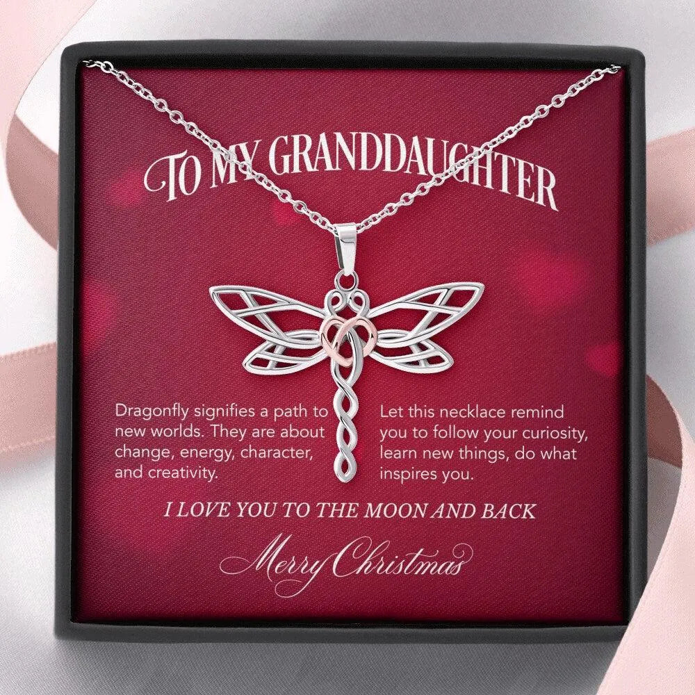 Rose Gold Heart Pendant Necklace, Granddaughter Dragonfly Necklace, Stainless Steel Jewelry, Christmas Present from Grandma