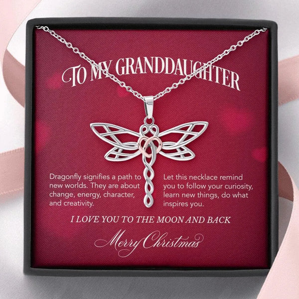 Rose Gold Heart Pendant Necklace, Granddaughter Dragonfly Necklace, Stainless Steel Jewelry, Christmas Present from Grandma