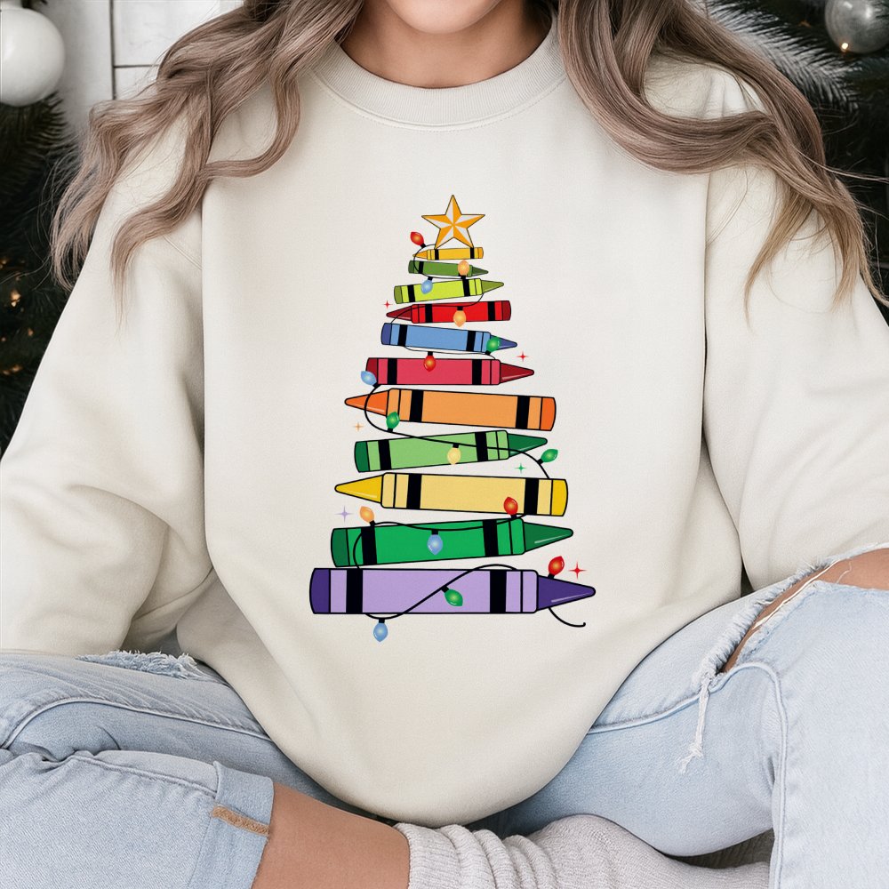 Crayon Tree Holiday Sweatshirt, Christmas Teacher Sweatshirt, Educator Winter Crewneck, School Teacher Xmas Pullover, Teacher