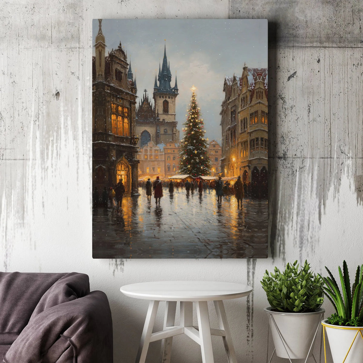 Vintage City Square Winter Wall Art, Snowy European Christmas Market Canvas Art, Comfy Holiday Town Canvas Print, Seasonal Xm