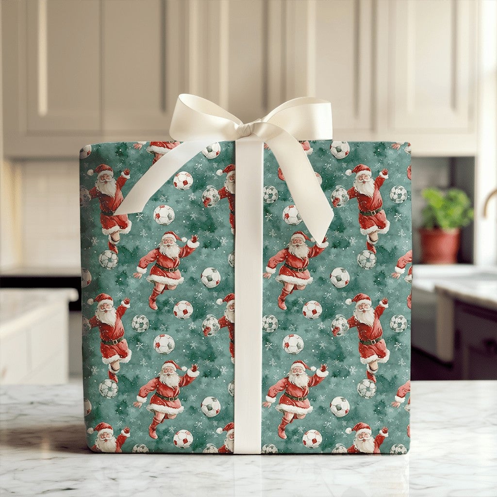Sports Santa Holiday Gift Wrap Roll, Soccer Santa Christmas Wrapping Paper, Football Player Present Paper, Athletic Kid Gift 