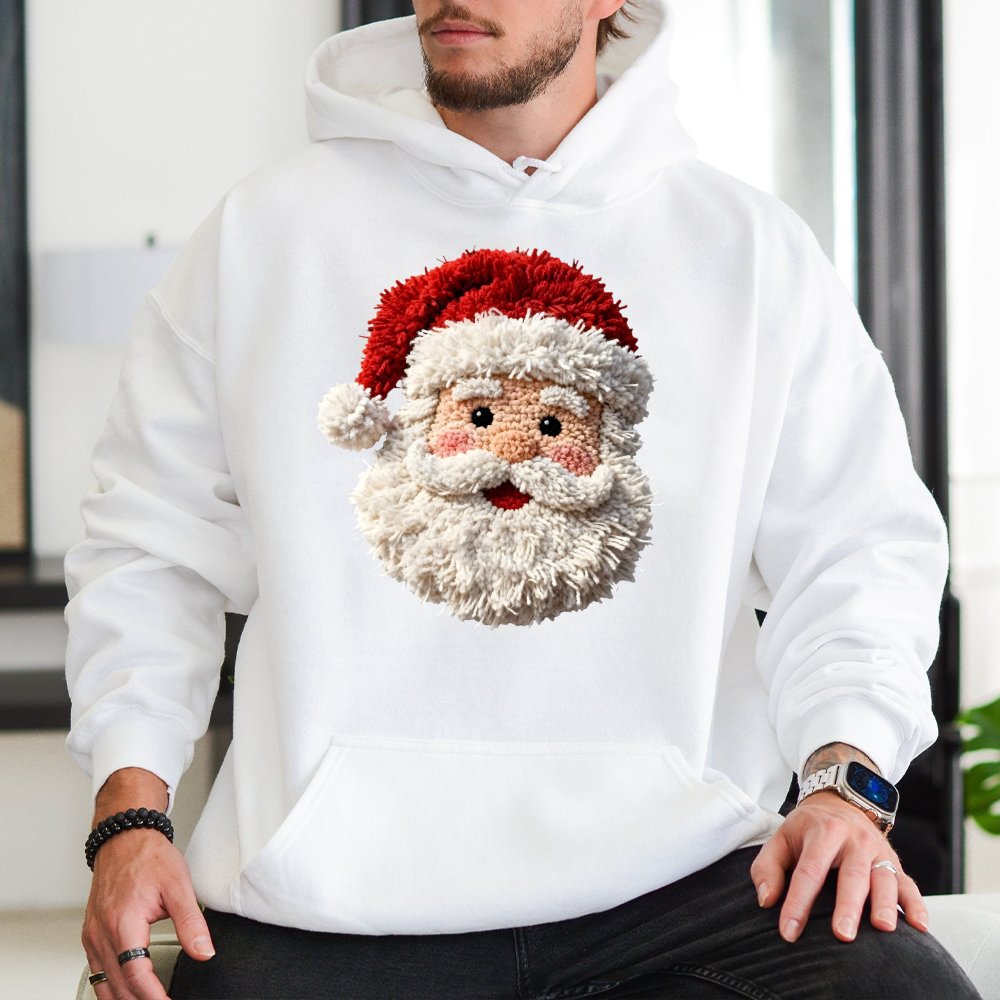 Faux Yarn Crochet Christmas Hoodie, Punch Needle Santa Hoodie, Vintage Santa Claus Hooded Sweatshirt, Comfy Holiday Pullover 