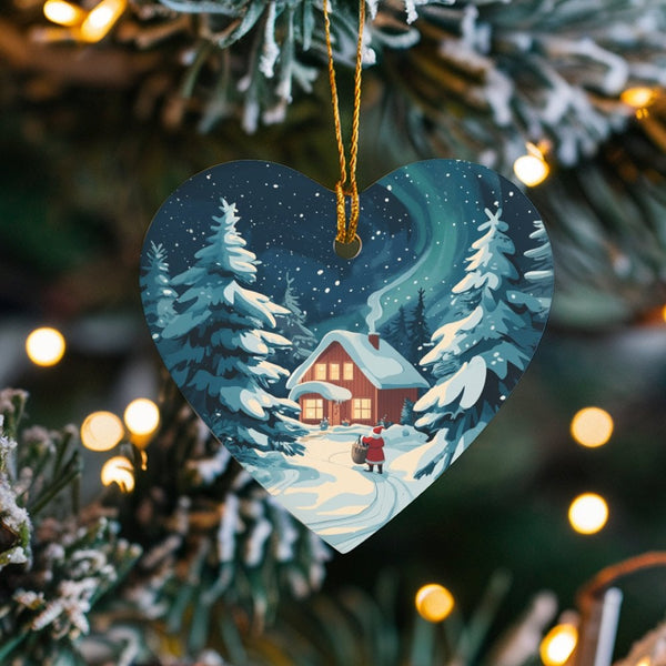 Northern Lights Winter Scene Ceramic Keepsake, Santa Snowy Cabin Heart Ornament, Holiday Christmas Tree Ornament, Winter Pres